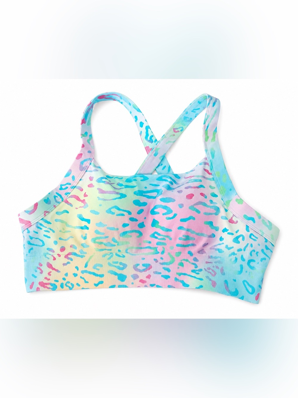 Multicolor Gradient Leopard Print Cross-Back Sports Bra, Seamless & Supportive